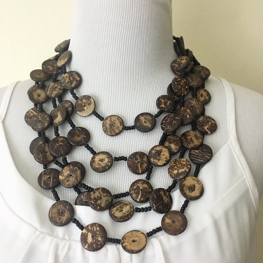Wood Disc Strand Necklace Boho Tribal Beaded